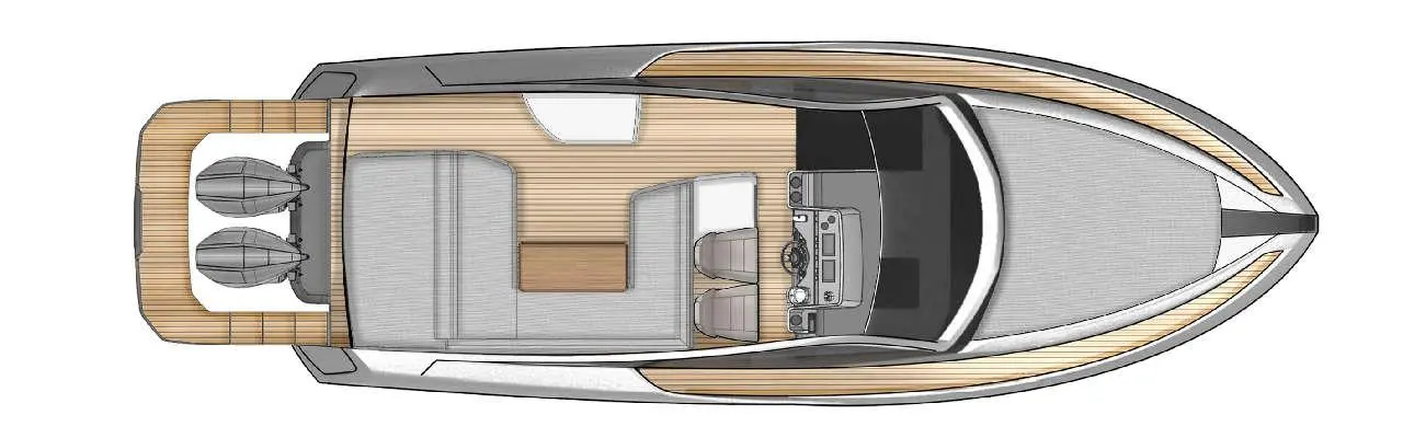 Top view of a sleek motorboat featuring seating areas, a console, and a wood-finished deck. Ideal for luxury cruising.